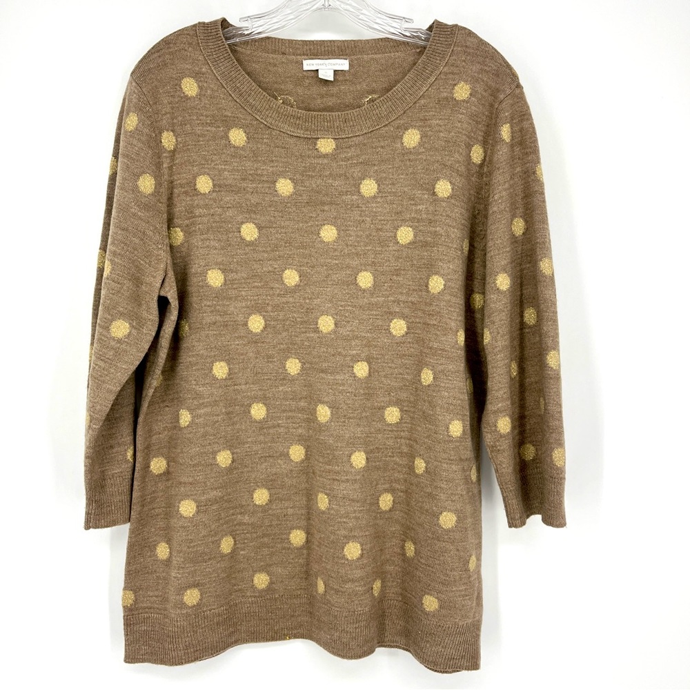 New York & Co Sweater Lightweight Pullover Tan With Gold Metallic Scoop SZ XL